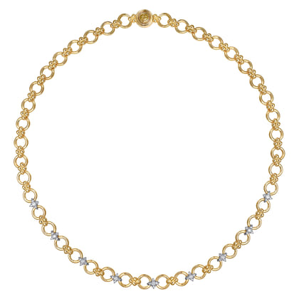 Bujukan Clover - 14K White  Yellow Gold Bujukan Diamond and Hollow Link Chain Necklace