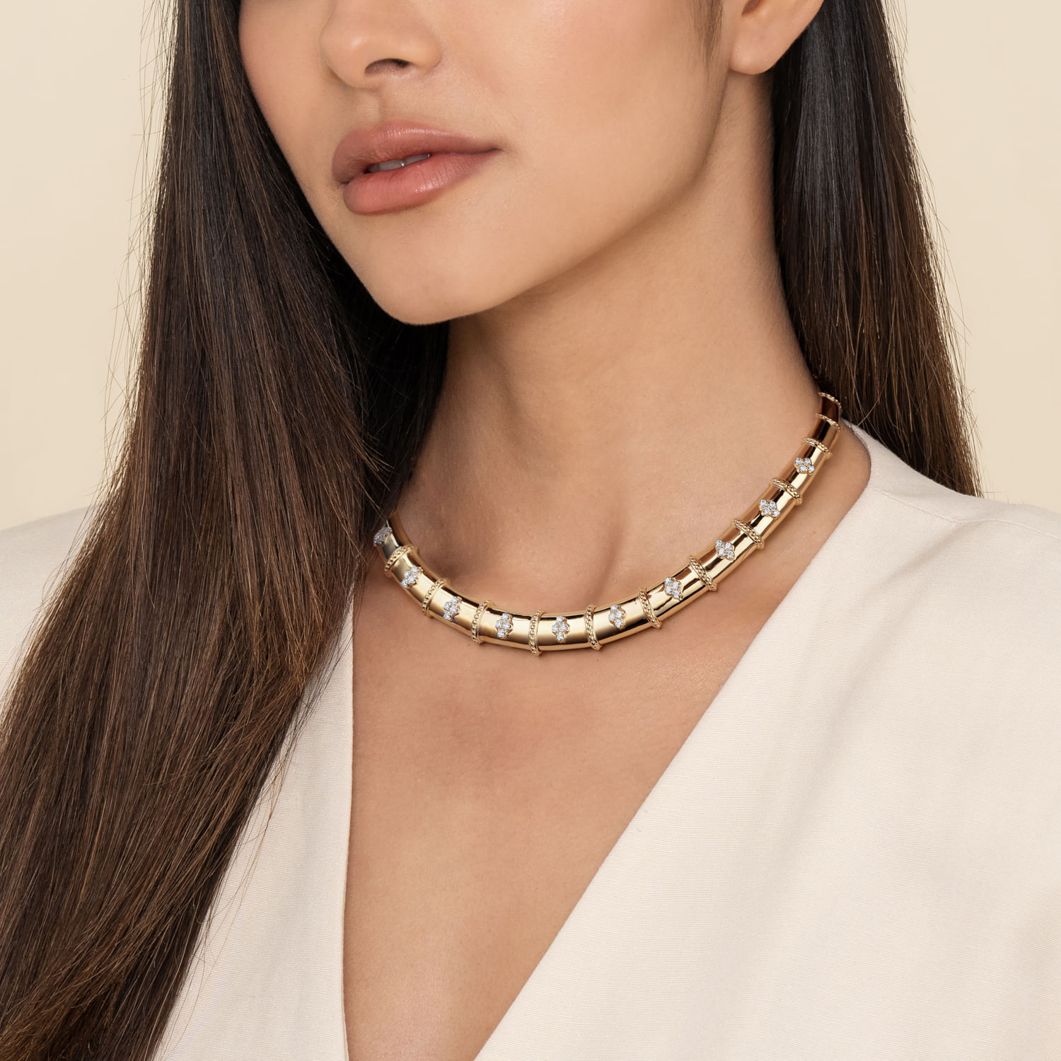 Bujukan Clover - 14K White  Yellow Gold Bujukan and Diamond Choker