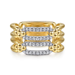 Bujukan Clover - 14K White  Yellow Gold Bujukan and Diamond Link Wide Band Ring