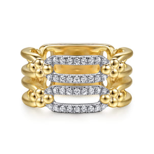 Bujukan Clover - 14K White  Yellow Gold Bujukan and Diamond Link Wide Band Ring