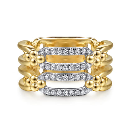 Bujukan Clover - 14K White  Yellow Gold Bujukan and Diamond Link Wide Band Ring