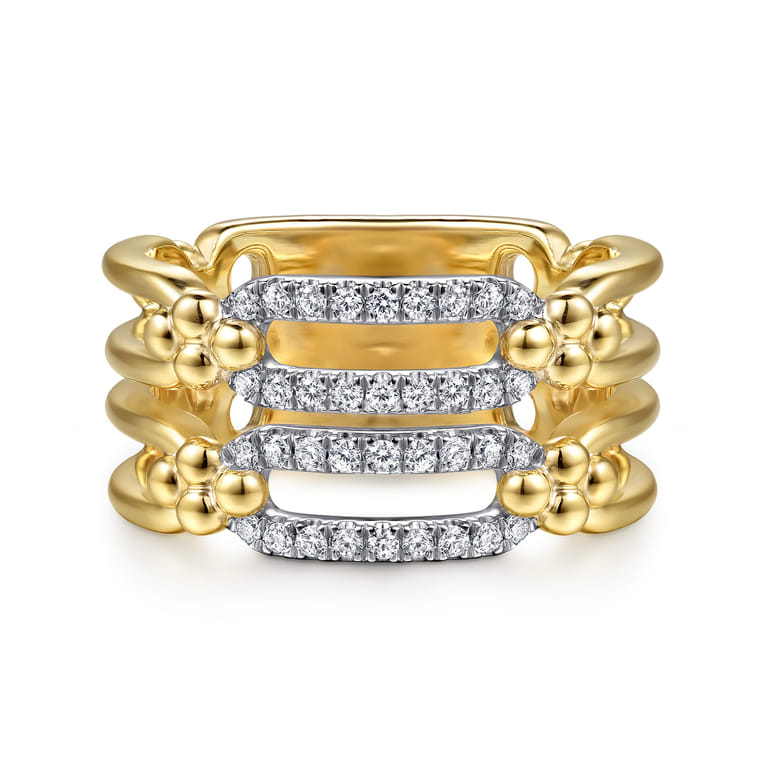 Bujukan Clover - 14K White  Yellow Gold Bujukan and Diamond Link Wide Band Ring - 0.22 ct - Shot 1