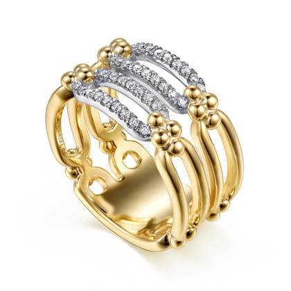 Bujukan Clover - 14K White  Yellow Gold Bujukan and Diamond Link Wide Band Ring