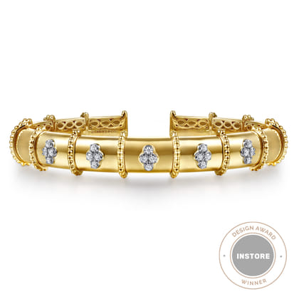 Bujukan Clover - 14K White  Yellow Gold Bujukan and Diamond Split Bangle Bracelet
