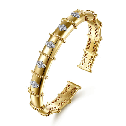 Bujukan Clover - 14K White  Yellow Gold Bujukan and Diamond Split Bangle Bracelet