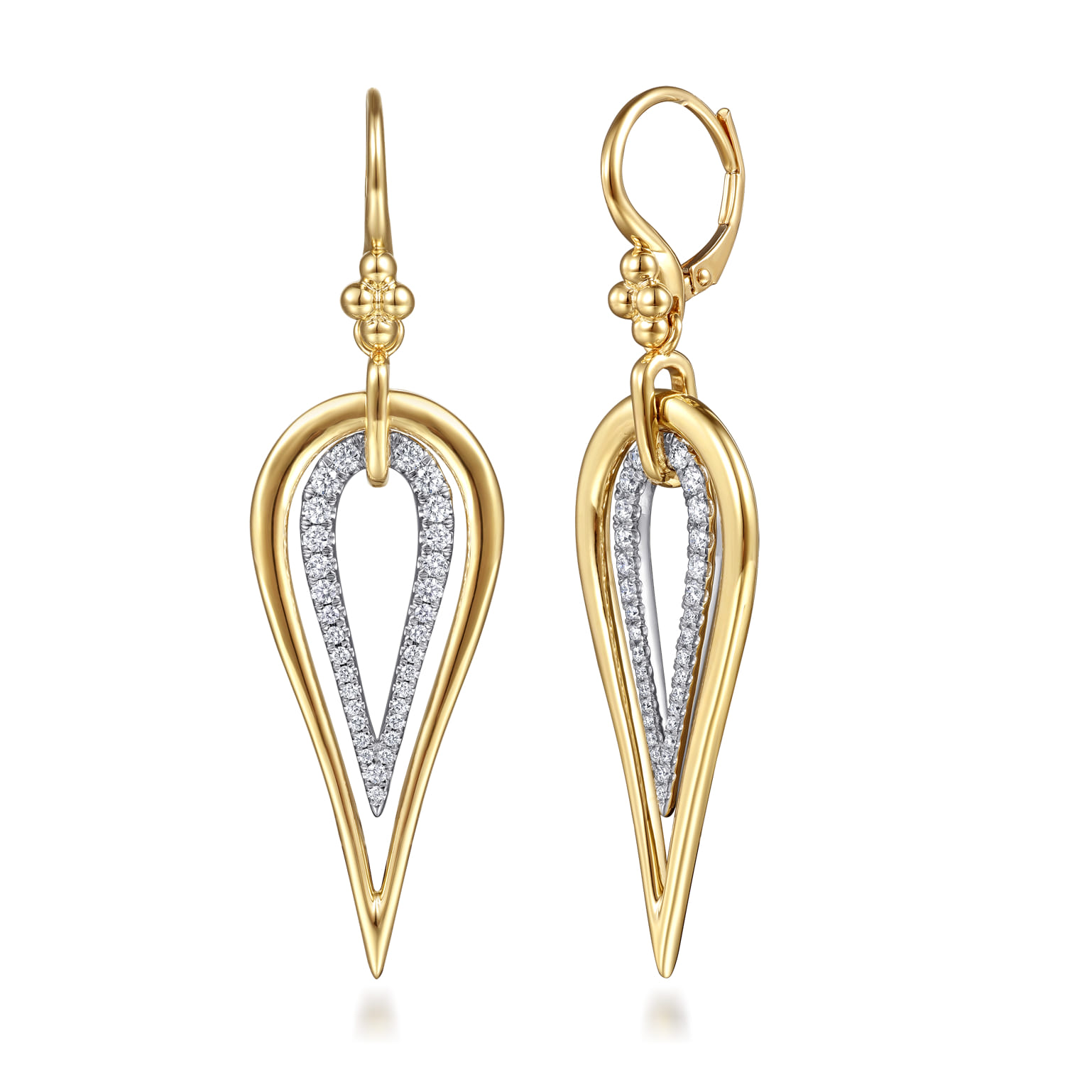 Bujukan Clover - 14K White  Yellow Gold Bujukan and Graduating Diamond Huggie Drop Earrings - 0.75 ct - Shot 1