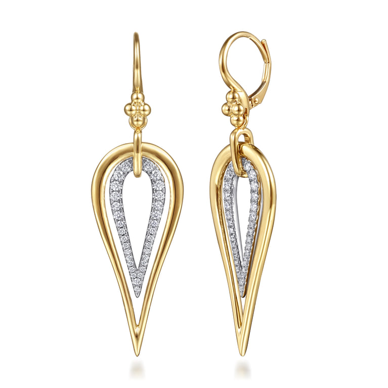 Bujukan Clover - 14K White  Yellow Gold Bujukan and Graduating Diamond Huggie Drop Earrings - 0.75 ct - Shot 1