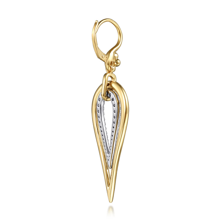 Bujukan Clover - 14K White  Yellow Gold Bujukan and Graduating Diamond Huggie Drop Earrings - 0.75 ct - Shot 2