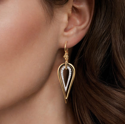 Bujukan Clover - 14K White  Yellow Gold Bujukan and Graduating Diamond Huggie Drop Earrings