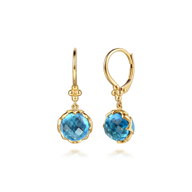 Bujukan Clover - 14K Yellow Gold Bujukan Blue Topaz Clover Drop Earrings with Dusk Blue Enamel - Shot 1