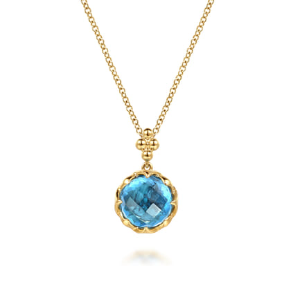 Bujukan Clover - 14K Yellow Gold Bujukan Blue Topaz Clover Pendant Necklace with Dusk Blue Enamel