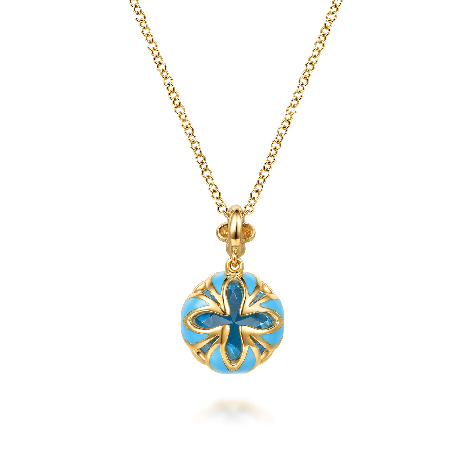 Bujukan Clover - 14K Yellow Gold Bujukan Blue Topaz Clover Pendant Necklace with Dusk Blue Enamel - Shot 2