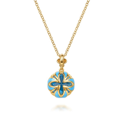 Bujukan Clover - 14K Yellow Gold Bujukan Blue Topaz Clover Pendant Necklace with Dusk Blue Enamel