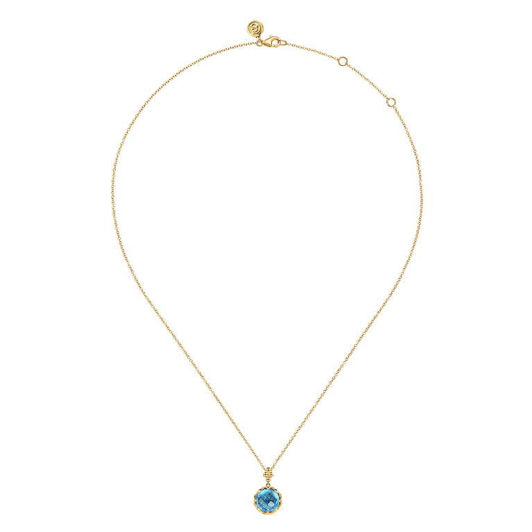 Bujukan Clover - 14K Yellow Gold Bujukan Blue Topaz Clover Pendant Necklace with Dusk Blue Enamel - Shot 3