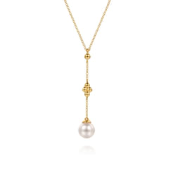 14K Yellow Gold Clover Bujukan and Pearl Drop Necklace