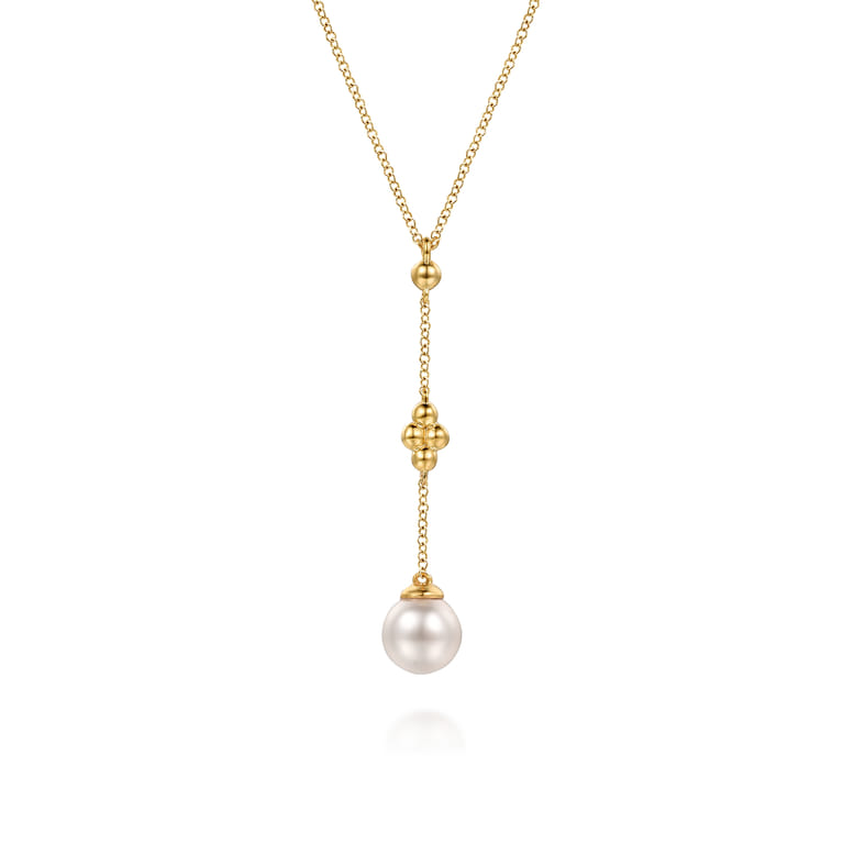 Bujukan Clover - 14K Yellow Gold Clover Bujukan and Pearl Drop Necklace - Shot 1
