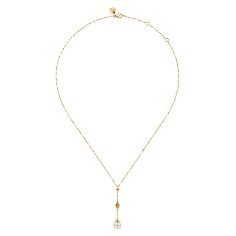 Bujukan Clover - 14K Yellow Gold Clover Bujukan and Pearl Drop Necklace - Shot 2