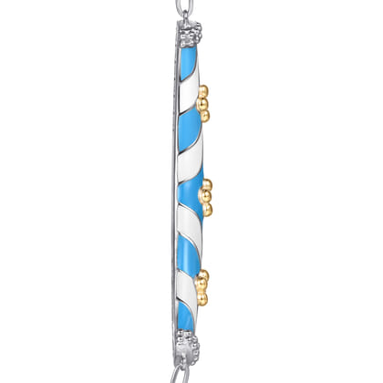 Bujukan Clover - 14K Yellow Gold and 925 Sterling Silver Bujukan Clover Bar Necklace with White and Dusk Blue Enamel