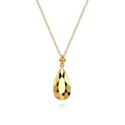 Bujukan Clover - 14K Yellow Plain Gold Bujukan and Teardrop Texture Pendant Necklace