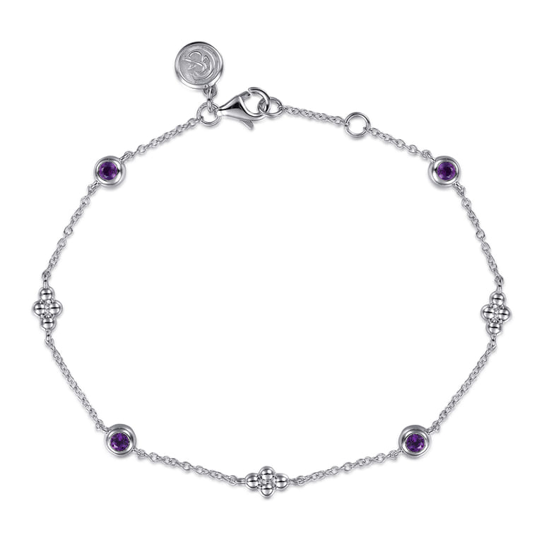 Bujukan Clover - 925 Sterling Silver Bujukan Clover and Amethyst Station Bracelet - Shot 1