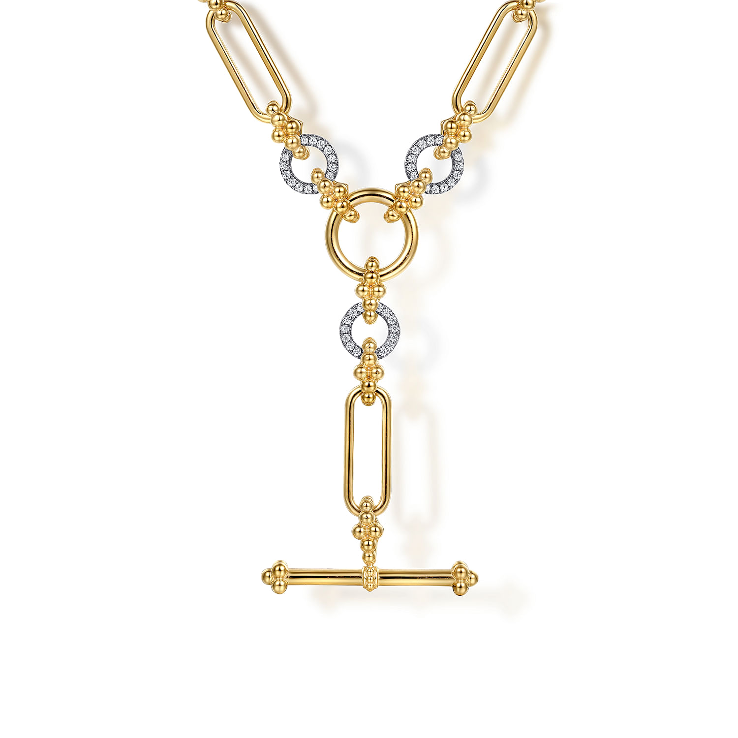 Bujukan Link - 14K Yellow Gold Hollow Tube Link Bujukan and Diamond Y Necklace