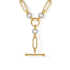 Bujukan Link - 14K Yellow Gold Hollow Tube Link Bujukan and Diamond Y Necklace