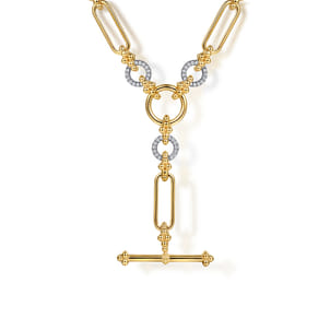 Bujukan Link - 14K Yellow Gold Hollow Tube Link Bujukan and Diamond Y Necklace