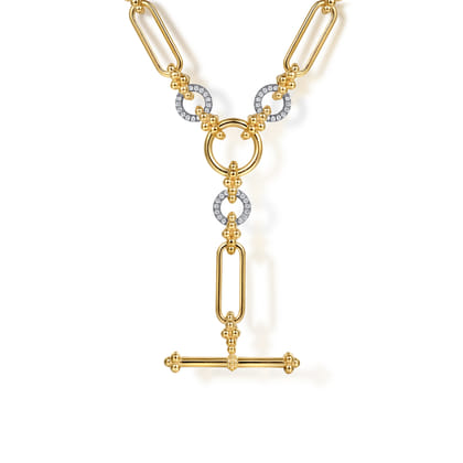 Bujukan Link - 14K Yellow Gold Hollow Tube Link Bujukan and Diamond Y Necklace