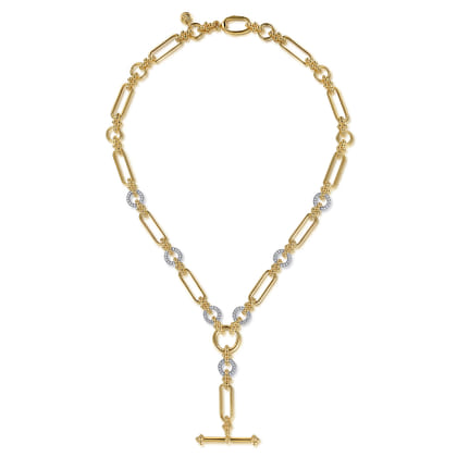 Bujukan Link - 14K Yellow Gold Hollow Tube Link Bujukan and Diamond Y Necklace