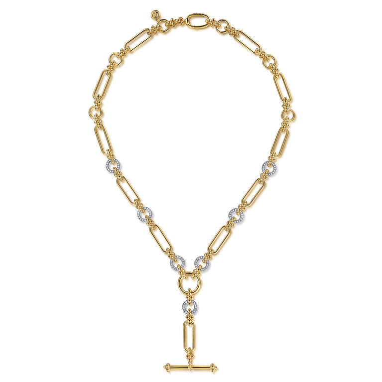 Bujukan Link - 14K Yellow Gold Hollow Tube Link Bujukan and Diamond Y Necklace - 1.2 ct - Shot 2