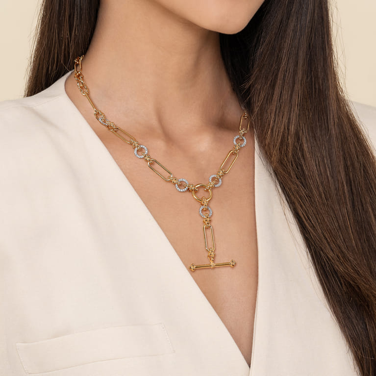 Bujukan Link - 14K Yellow Gold Hollow Tube Link Bujukan and Diamond Y Necklace - 1.2 ct - Shot 3