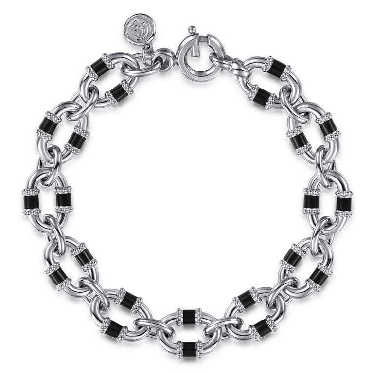Bujukan Link - 925 Sterling Silver Bujukan Link Bracelet with Black Enamel - Shot 1