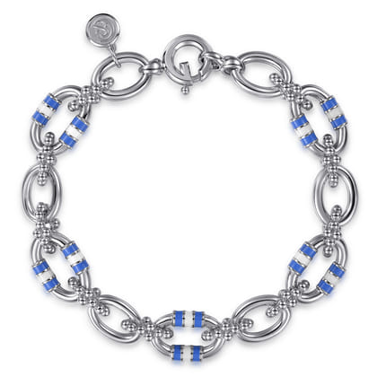 Bujukan Link - 925 Sterling Silver Bujukan Link Chain Bracelet with White and Periwinkle Blue Enamel