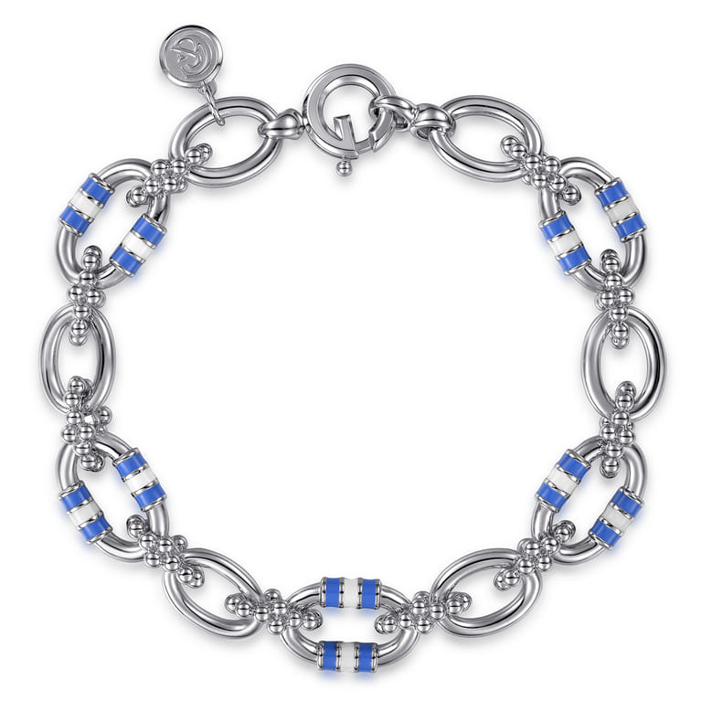 Bujukan Link - 925 Sterling Silver Bujukan Link Chain Bracelet with White and Periwinkle Blue Enamel - Shot 1