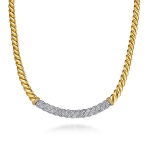 Bujukan Pave - 14K White  Yellow Gold Bujukan Diamond Bar Necklace