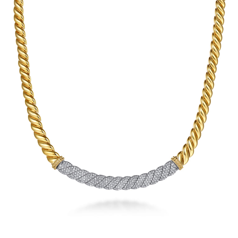 Bujukan Pave - 14K White  Yellow Gold Bujukan Diamond Bar Necklace - 3.1 ct - Shot 1