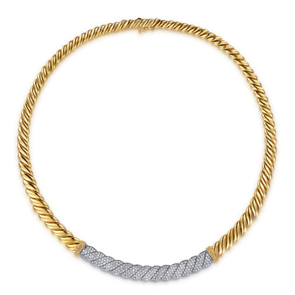 Bujukan Pave - 14K White  Yellow Gold Bujukan Diamond Bar Necklace