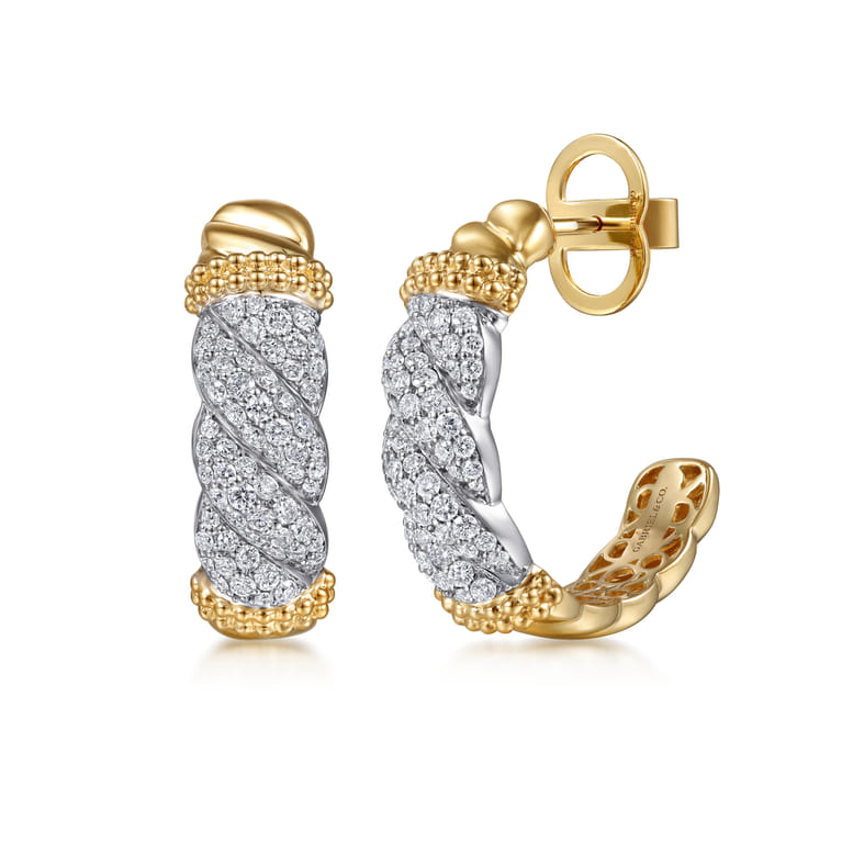 Bujukan Pave - 14K White  Yellow Gold Bujukan Diamond J Hoop Stud Earrings - 1.6 ct - Shot 1