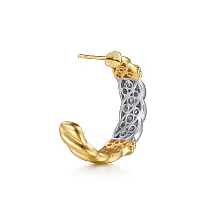 Bujukan Pave - 14K White  Yellow Gold Bujukan Diamond J Hoop Stud Earrings