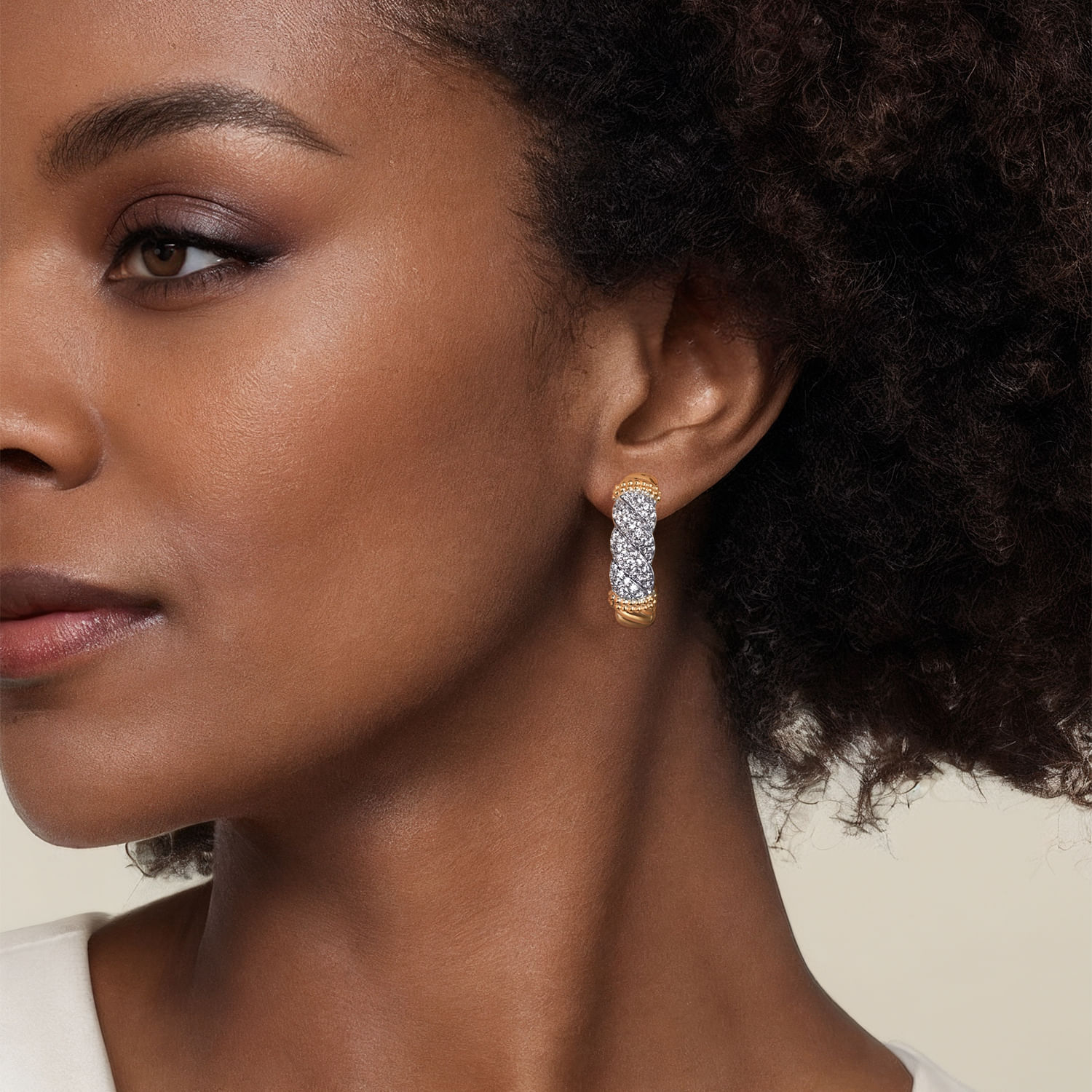 Bujukan Pave - 14K White  Yellow Gold Bujukan Diamond J Hoop Stud Earrings