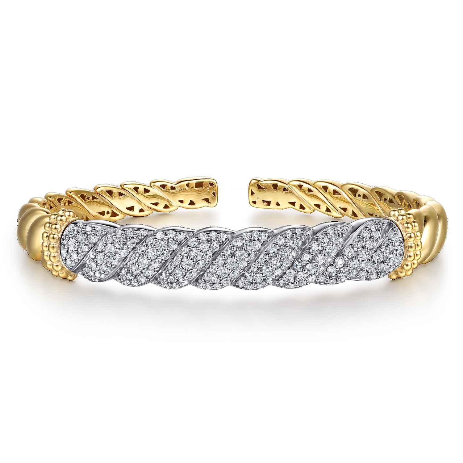 Bujukan Pave - 14K White  Yellow Gold Bujukan Diamond Twist Spit Bangle Bracelet - 1.7 ct - Shot 1