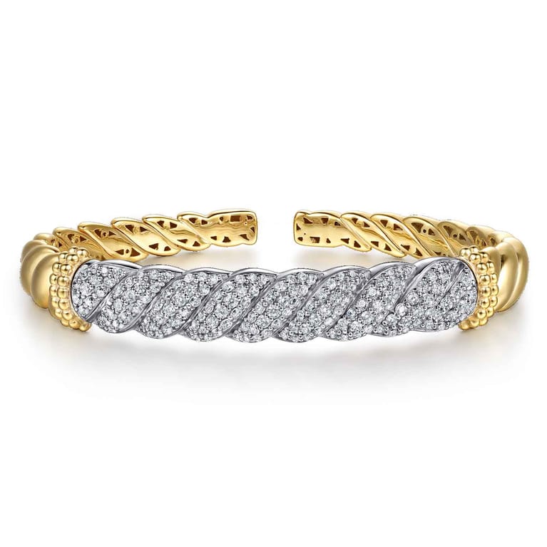 Bujukan Pave - 14K White  Yellow Gold Bujukan Diamond Twist Spit Bangle Bracelet - 1.7 ct - Shot 1