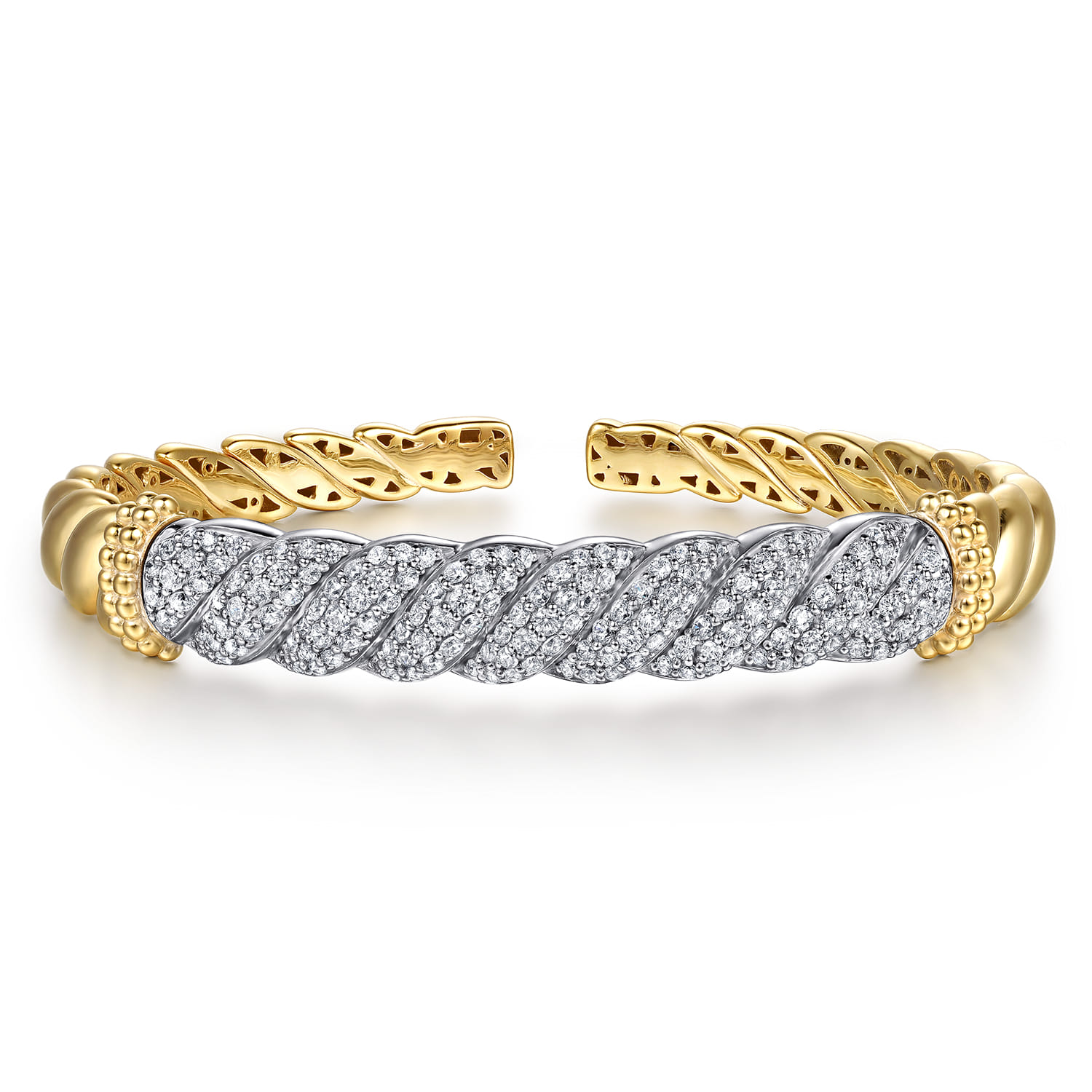 Bujukan Pave - 14K White  Yellow Gold Bujukan Diamond Twist Spit Bangle Bracelet - 1.7 ct - Shot 1