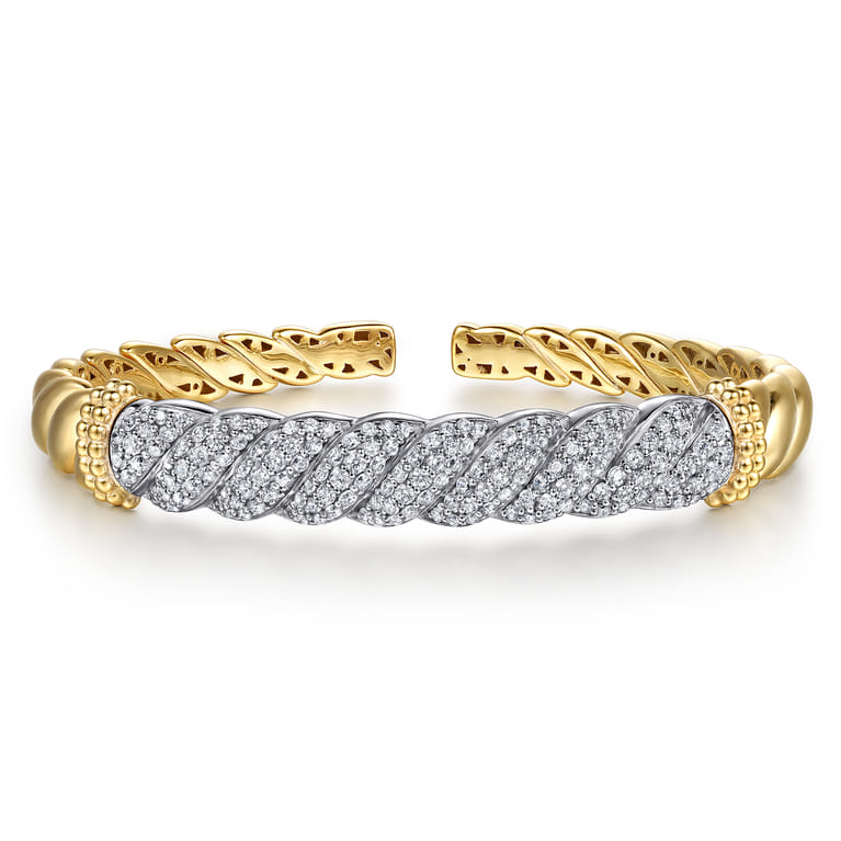 Bujukan Pave - 14K White  Yellow Gold Bujukan Diamond Twist Spit Bangle Bracelet - 1.7 ct - Shot 1