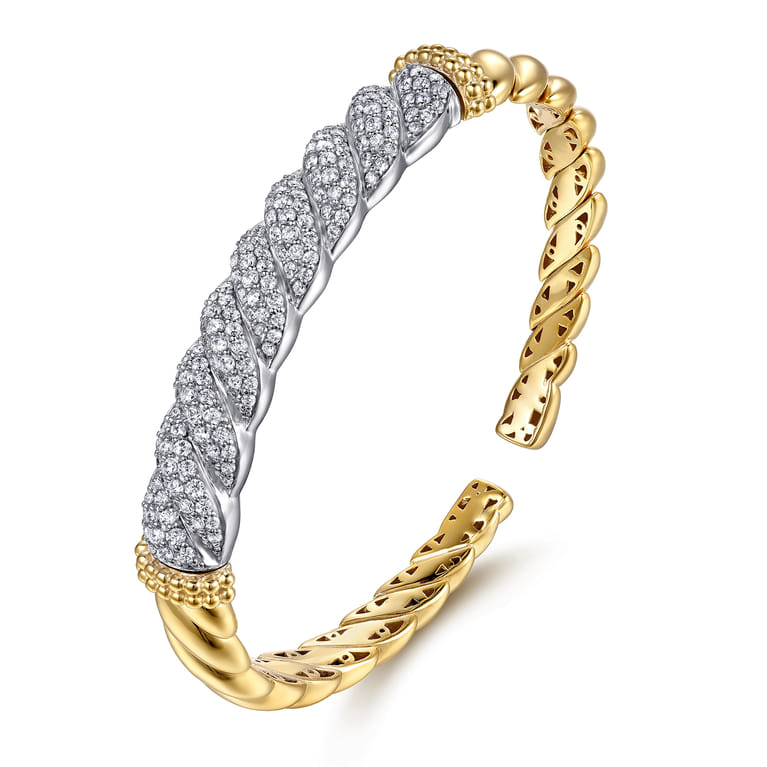 Bujukan Pave - 14K White  Yellow Gold Bujukan Diamond Twist Spit Bangle Bracelet - 1.7 ct - Shot 2