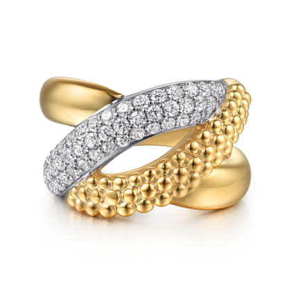 Bujukan Pave - 14K White  Yellow Gold Bujukan and Diamond Criss Cross Ring
