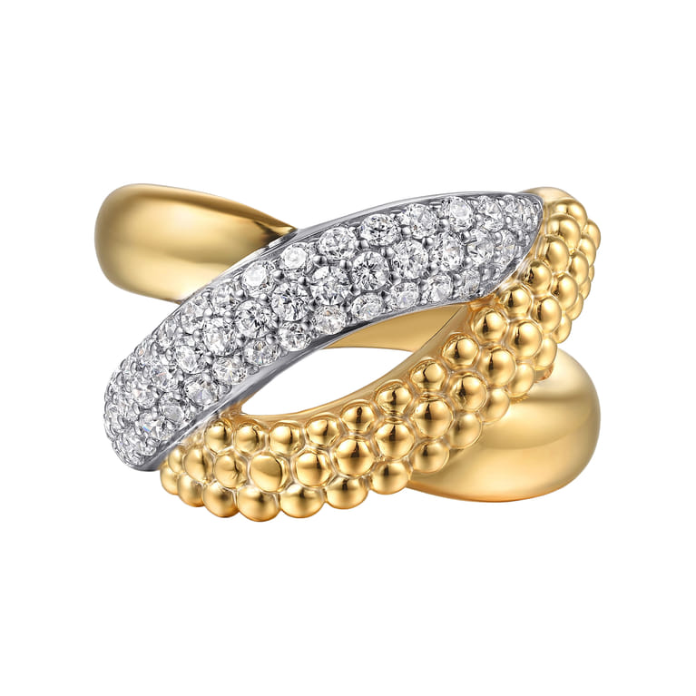 Bujukan Pave - 14K White  Yellow Gold Bujukan and Diamond Criss Cross Ring - 0.75 ct - Shot 1