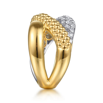 Bujukan Pave - 14K White  Yellow Gold Bujukan and Diamond Criss Cross Ring