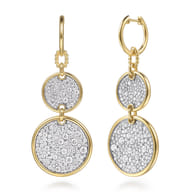 Bujukan Pave - 14K White  Yellow Gold Bujukan and Diamond Huggie Drop Double Disk Earrings