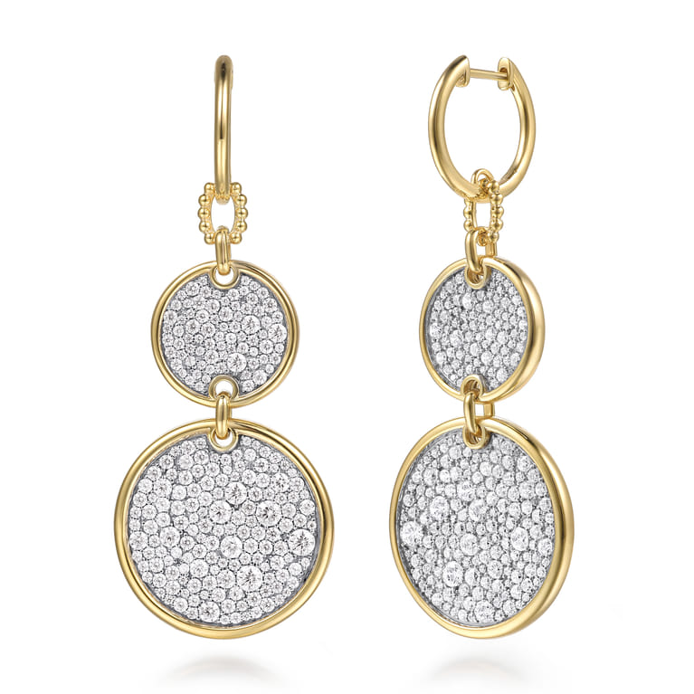 Bujukan Pave - 14K White  Yellow Gold Bujukan and Diamond Huggie Drop Double Disk Earrings - 4.65 ct - Shot 1
